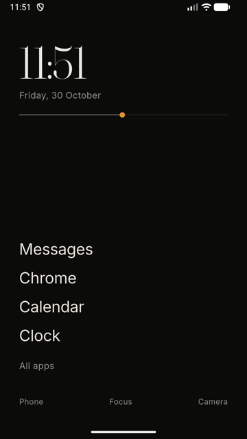 Home screen: clock, date, day line and apps as text