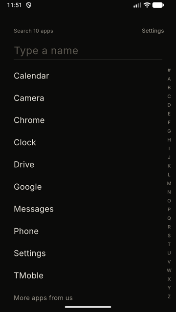 Alphabetical app list with search and A to Z rail